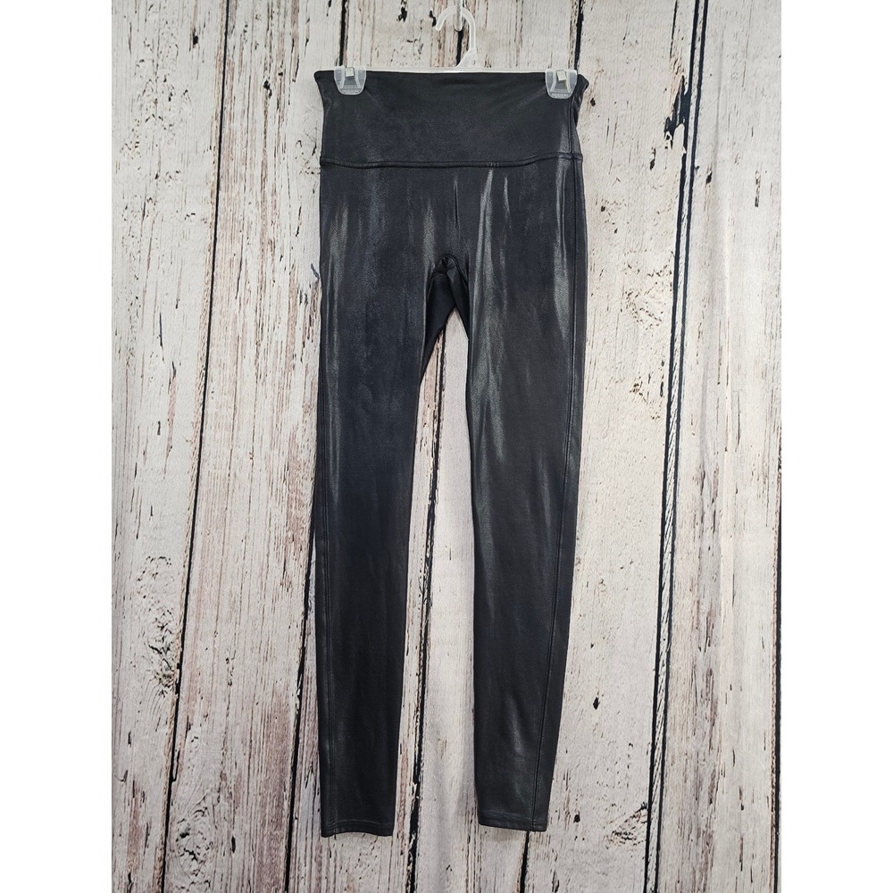Spanx Leggings Womens Medium Black Solid Faux Leather High Waisted Shiny Edgy